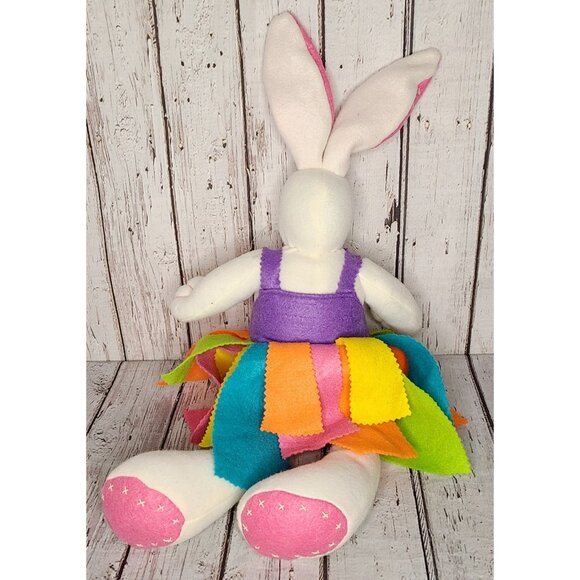 20" Vintage Handmade White Bunny Rabbit Felt Summer Heart Dress Stuffed Animal - Picture 3 of 4